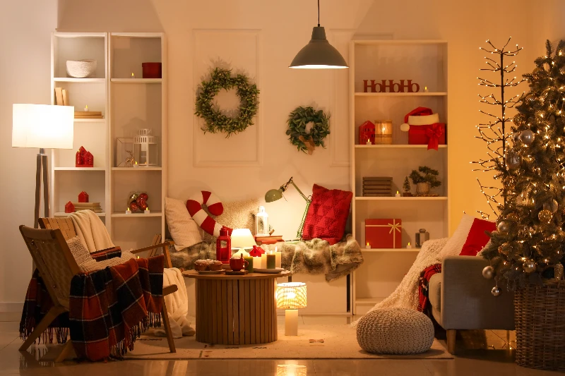 Interior of a dark living room with Christmas tree and sofa